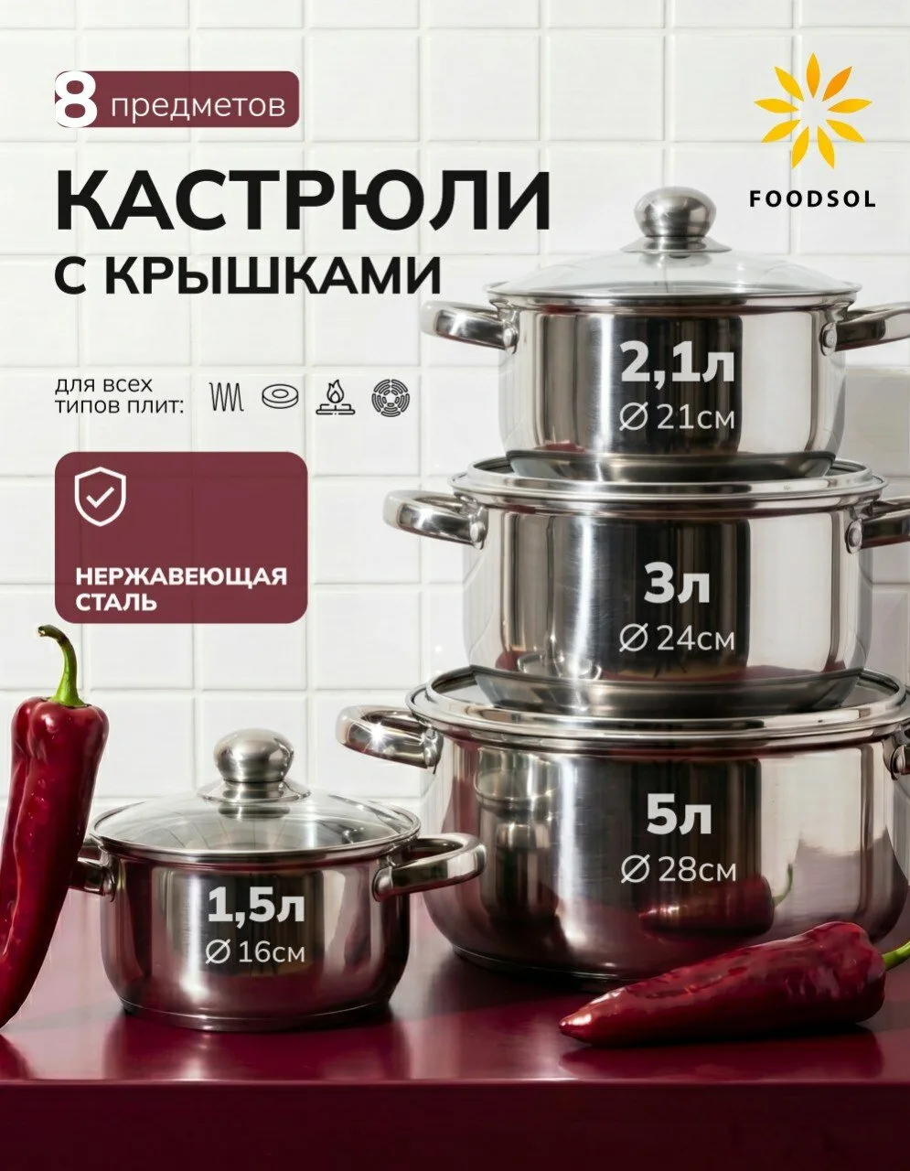 Набор кастрюль из нержавеющей стали 4 шт с крышками 1,5 л 2,1 л 3 л 5 л для индукционной, газовой и электрической плиты